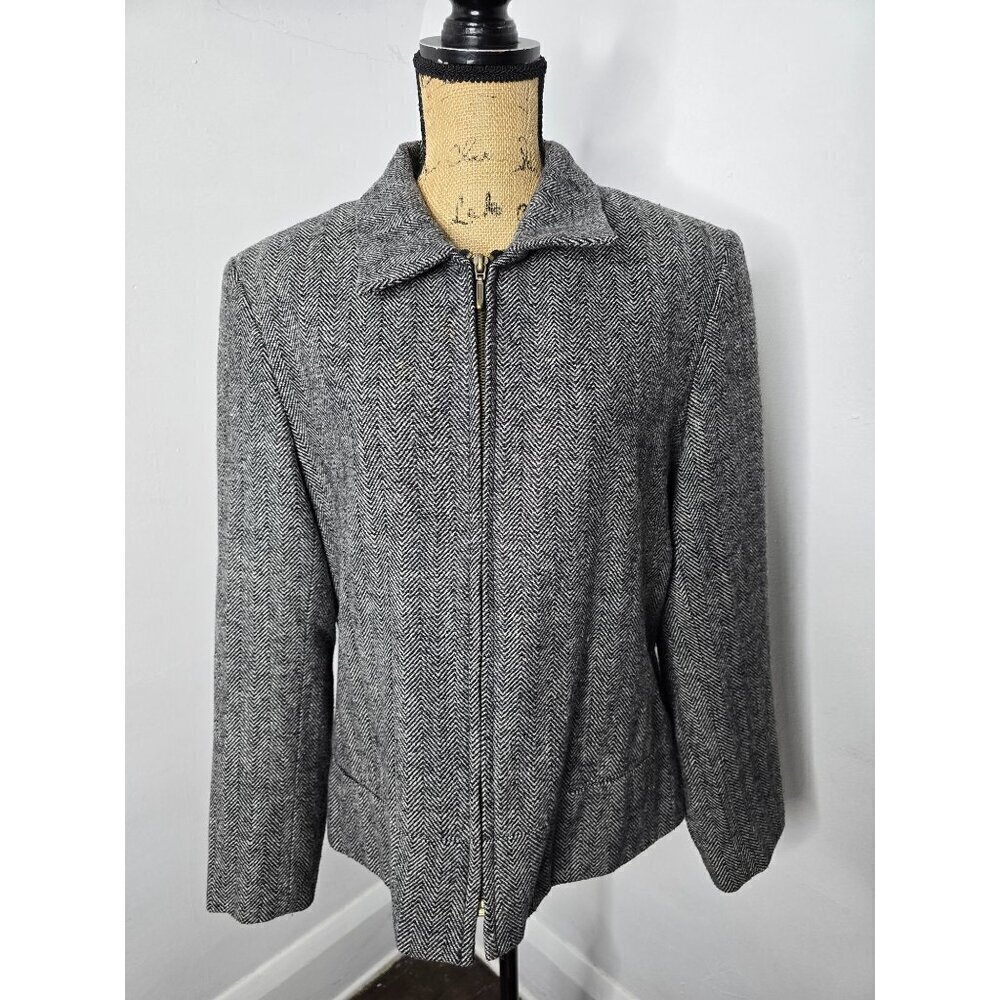 Sandro Black Herringbone Wool Zip Front Classic Blazer - Picture 12 of 12